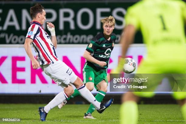 Freek Heerkens of Willem II, Emil Hansson of Feyenoord, goalkeeper Timon Wellenreuther of Willem II during the Dutch Eredivisie match between Willem...