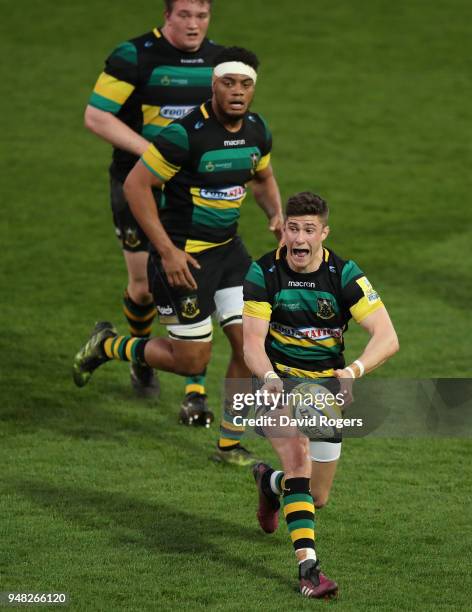 James Grayson of Northampton Saints passes the ball during the Mobbs Memorial match between Northampton Saints and the British Army at Franklin's...