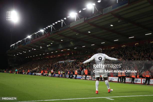 Romelu Lukaku of Manchester United celebrates scoring their 2nd goal in front of the fans during the Premier League match between AFC Bournemouth and...