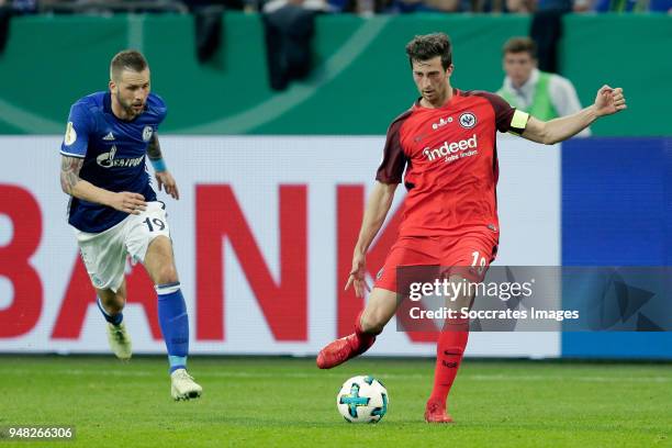 Guido Burgstaller of Schalke 04, David Angel Abraham of Eintracht Frankfurt during the German DFB Pokal match between Schalke 04 v Eintracht...