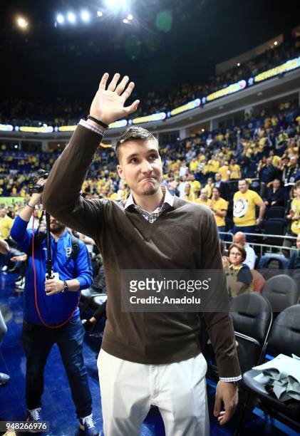 Former player of Fenerbahce Dogus Bogdan Bogdanovic greets fans during the Turkish Airlines Euroleague Playoffs quarter final basketball match...