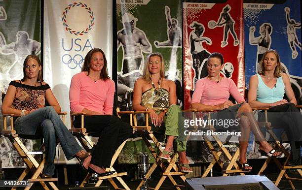 Olympic Team swimmers, from left, Amanda Beard, Lindsay Benko, Brooke Bennett, Natalie Coughlin and Jenny Thompson answer questions during the U.S....