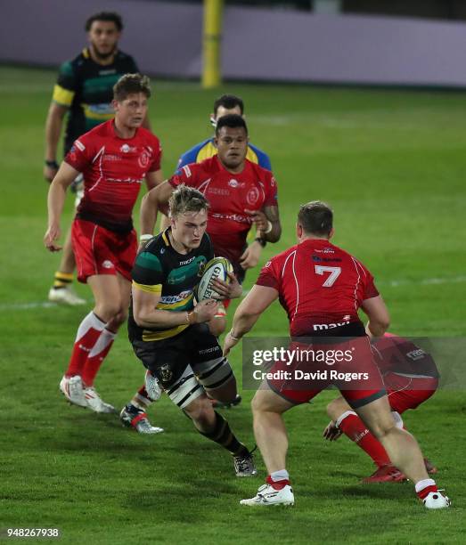 Will Allman of Northampton Saints charges upfield during the Mobbs Memorial match between Northampton Saints and the British Army at Franklin's...