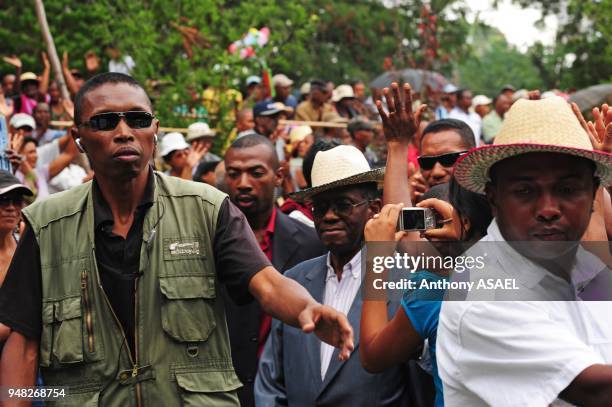 Ex President Albert Zafy arriving at peaceful demonstration at Villa Elisabeth ? house of ex Malagasy president Albert Zafy) against current...