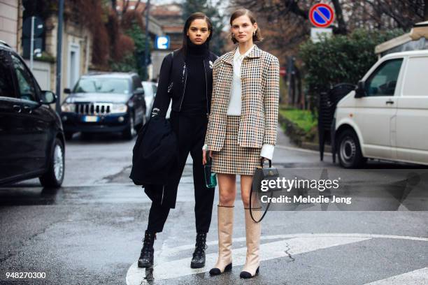 Models Hiandra Martinez and Giedre Dukauskaite after the Tod's show during Milan Fashion Week Fall/Winter 2018/19 on February 23, 2018 in Milan,...