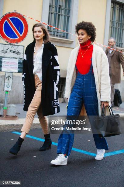 23Brazilian models Linda Helena, Samile Bermanelli after the Krizia show during Milan Fashion Week Fall/Winter 2018/19 on February 23, 2018 in Milan,...
