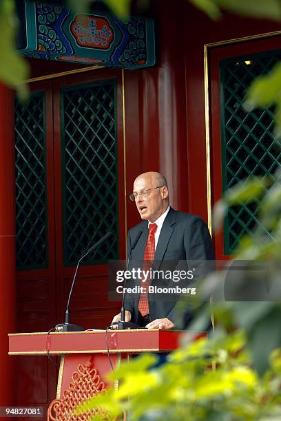 Henry Paulson, U.S. Treasury secretary, speaks at the Olympic Village where he presented the LEED "green building" award to Chen Zhili, vice mayor of...