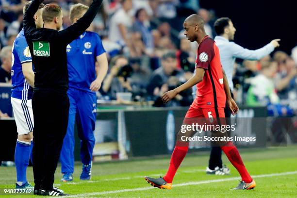 Gelson Fernandes of Eintracht Frankfurt is leaving the pitch after receiving a red card during the German DFB Pokal match between Schalke 04 v...