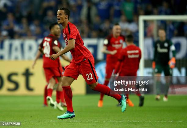 Timothy Chandler of Frankfurt celebrates victory after the Bundesliga match between FC Schalke 04 and Eintracht Frankfurt at Veltins-Arena on April...