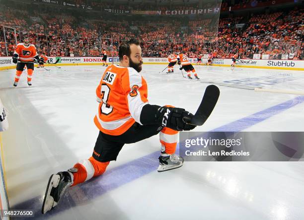 Radko Gudas of the Philadelphia Flyers stretches during warm-ups against the Pittsburgh Penguins in Game Three of the Eastern Conference First Round...