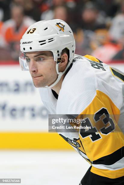 Conor Sheary of the Pittsburgh Penguins looks on against the Philadelphia Flyers in Game Three of the Eastern Conference First Round during the 2018...