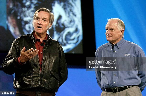 Burt Rutan, founder of Rutan Aircraft Factory, Inc., and designer of SpaceShipOne, left, joins Intel CEO Craig Barrett onstage at the Intel...