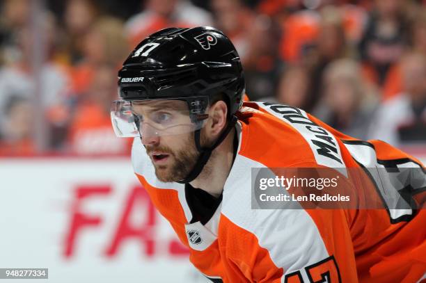 Andrew MacDonald of the Philadelphia Flyers looks on against the Pittsburgh Penguins in Game Three of the Eastern Conference First Round during the...