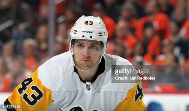 Conor Sheary of the Pittsburgh Penguins looks on against the Philadelphia Flyers in Game Three of the Eastern Conference First Round during the 2018...
