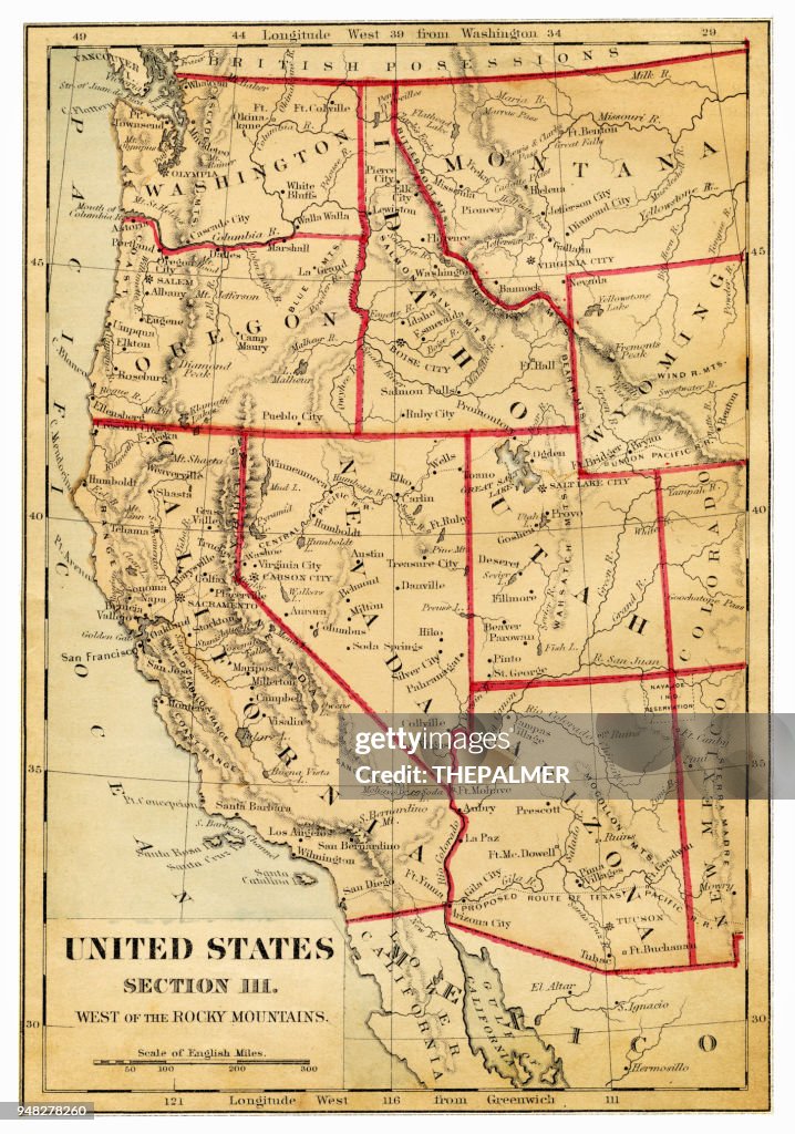 Kaart van westelijke staten USA 1876