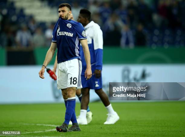 Daniel Caligiuri of Schalke looks dejected after the Bundesliga match between FC Schalke 04 and Eintracht Frankfurt at Veltins-Arena on April 18,...