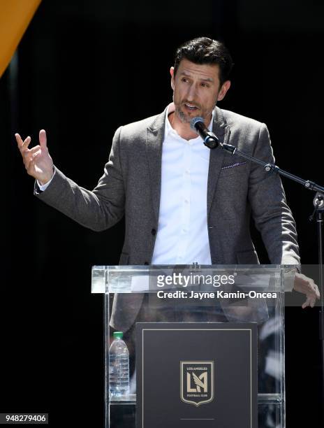 Co-owner Nomar Garciaparra of the Los Angeles FC speaks during the ribbon cutting ceremony for the new Banc of California Stadium on April 18, 2018...