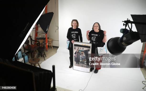 Portrait photographer Elsa Dorfman takes a picture of herself and neighbor/friend/assistant Margot Kempers, left, with her 1996 self portrait, in her...