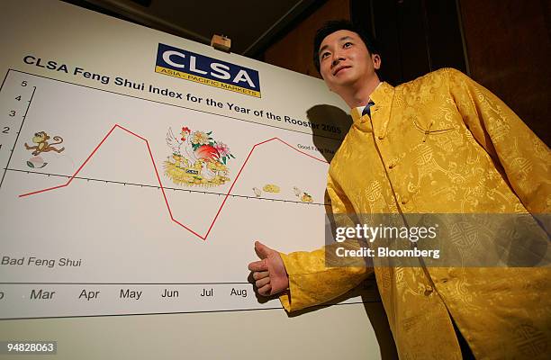 S 'Wicked Sorcerer of the East' and feng shui analyst Chris Zee poses Tuesday, February 1, 2005 with his Feng Shui Index chart for the Year of the...