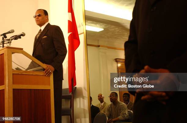 Minister Louis Farrakhan speaks to members of the media during a press conference while discussing the Iraq situation at Grove Hall in Boston on Oct....