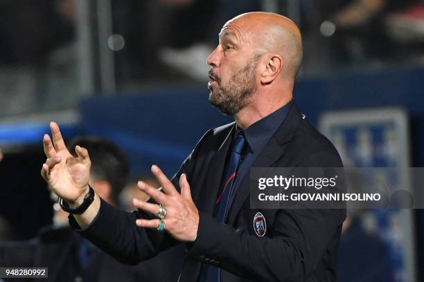 Crotone's head coach Walter Zenga gestures during the Italian Serie A football match FC Crotone vs Juventus on April 18, 2018 at the Ezio Scida...