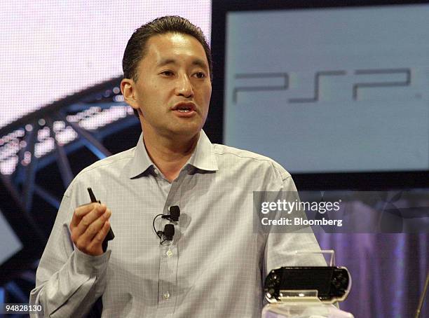 Kazuo Hirai, president & CEO of Sony Computer Entertainment America, introduces PlayStation Portable at the Sony E3 Media Conference in Los Angeles,...