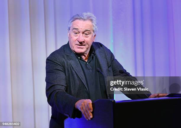 Co-founder of Tribeca Film Festival Robert De Niro speeks during a press luncheon during the 2018 Tribeca Film Festival at Thalassa on April 18, 2018...