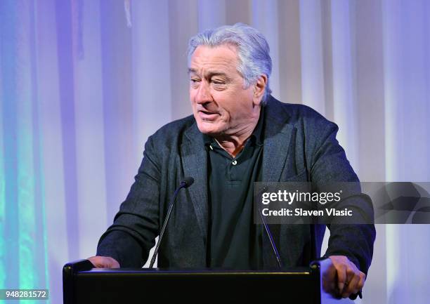 Co-founder of Tribeca Film Festival Robert De Niro speeks during a press luncheon during the 2018 Tribeca Film Festival at Thalassa on April 18, 2018...