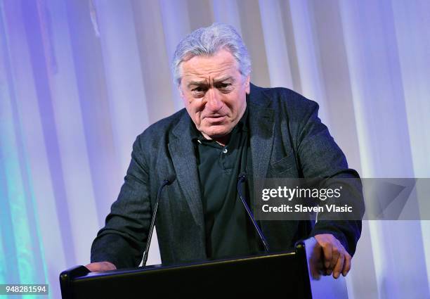 Co-founder of Tribeca Film Festival Robert De Niro speeks during a press luncheon during the 2018 Tribeca Film Festival at Thalassa on April 18, 2018...