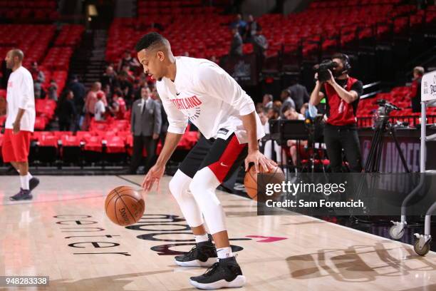 McCollum of the Portland Trail Blazers warms up before the game against the New Orleans Pelicans in Game Two of the Western Conference Quarterfinals...
