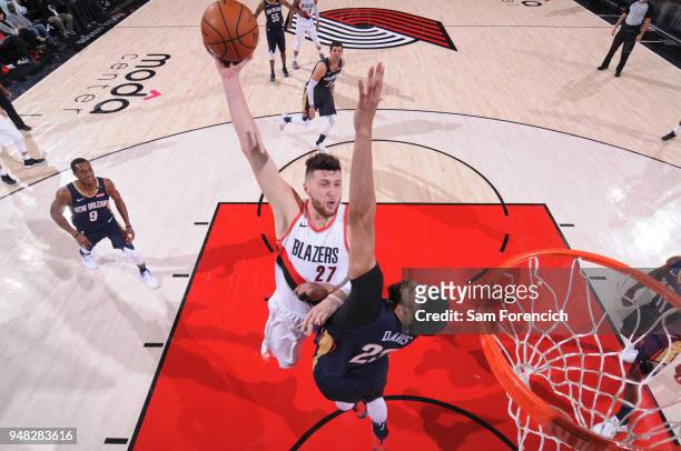 Jusuf Nurkic of the Portland Trail Blazers goes to the basket against the New Orleans Pelicans in Game Two of the Western Conference Quarterfinals...
