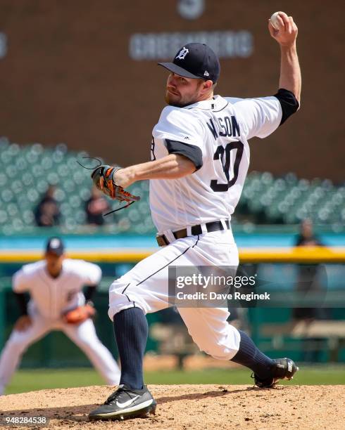 Alex Wilson of the Detroit Tigers pitches in the seventh inning against the Baltimore Orioles during a MLB game at Comerica Park on April 18, 2018 in...