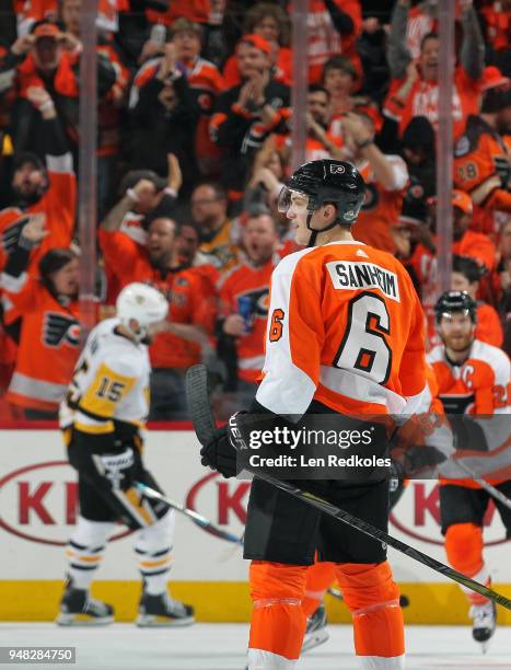 Travis Sanheim of the Philadelphia Flyers reacts after his second period goal against the Pittsburgh Penguins in Game Three of the Eastern Conference...