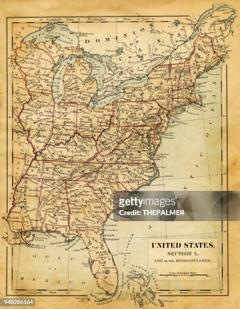 map of usa - east of mississippi river 1876 - east carolina v florida stock illustrations