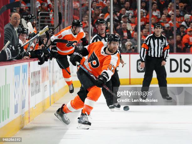 Andrew MacDonald of the Philadelphia Flyers shoots the puck against the Pittsburgh Penguins in Game Three of the Eastern Conference First Round...