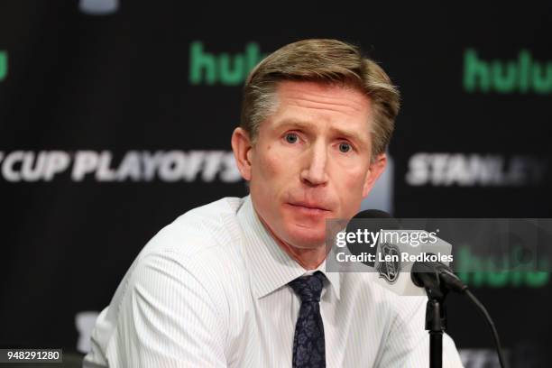 Head Coach of the Philadelphia Flyers Dave Hakstol speaks to the media after being defeated 5-1 by the Pittsburgh Penguins in Game Three of the...