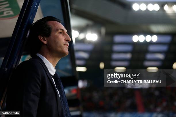Paris Saint-Germain's Spanish headcoach Unai Emery is pictured before the French cup semi-final match between Caen and Paris Saint-Germain on April...