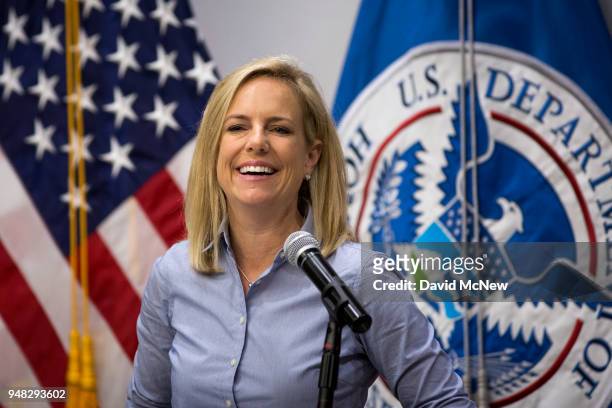 Department of Homeland Security Secretary Kirstjen Nielsen addresses border agents before touring a replacement border fence construction site on...