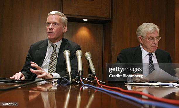 Internal Revenue Service Commissioner Mark W. Everson, left, speaks at a news conference in Washington, DC February 22, 2005 regarding "abuse tax...