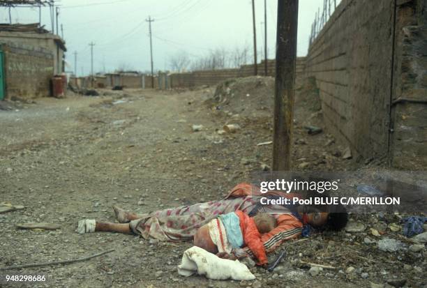 Une femme kurde et son enfant ayant été gazés en mars 1988 dans le village de Halabja, Irak.