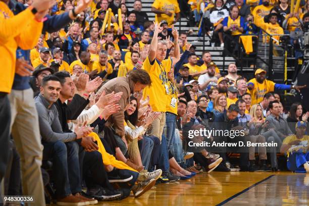 Fans cheer during Game Two of Round One of the 2018 NBA Playoffs between the San Antonio Spurs and Golden State Warriors on April 16, 2018 at ORACLE...