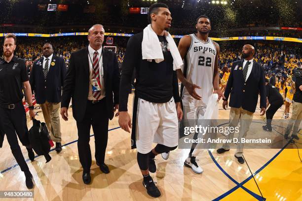 Danny Green of the San Antonio Spurs looks on after Game Two of Round One of the 2018 NBA Playoffs against the Golden State Warriors on April 16,...