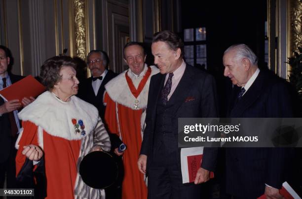 Simone Rozès, Pierre Arpaillange, Albin Chalandon et Alain Poher lors de l'audience solennelle de rentrée des cours d'appel et de Cassation le 6...