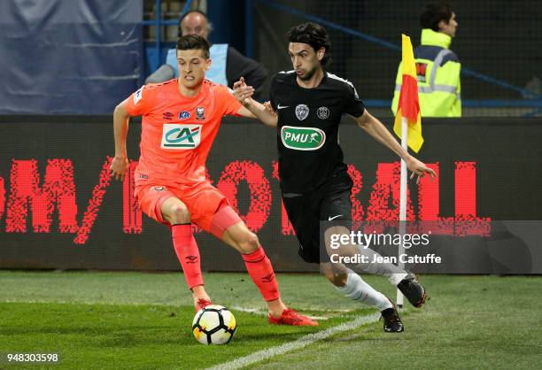 Stef Peeters of Caen, Javier Pastore of PSG during the French Cup semi-final between Stade Malherbe de Caen and Paris Saint Germain at Stade Michel...