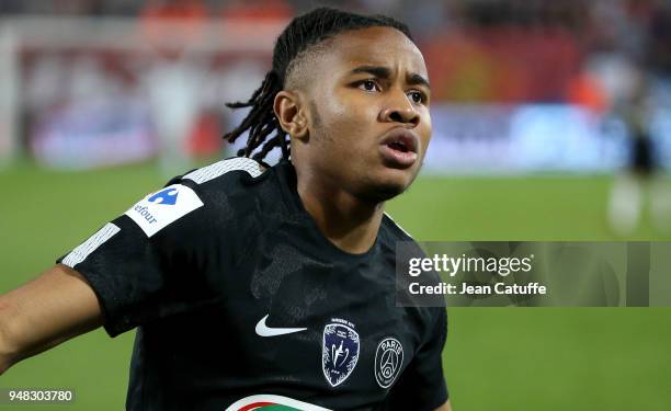 Christopher Nkunku of PSG celebrates his goal during the French Cup semi-final between Stade Malherbe de Caen and Paris Saint Germain at Stade Michel...