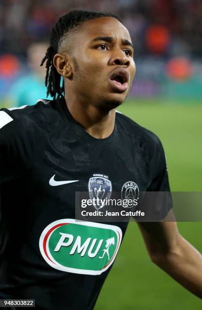 Christopher Nkunku of PSG celebrates his goal during the French Cup semi-final between Stade Malherbe de Caen and Paris Saint Germain at Stade Michel...