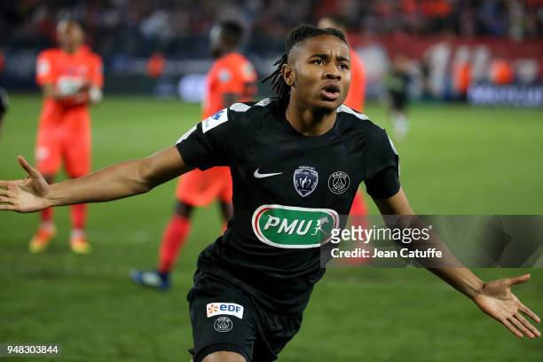 Christopher Nkunku of PSG celebrates his goal during the French Cup semi-final between Stade Malherbe de Caen and Paris Saint Germain at Stade Michel...