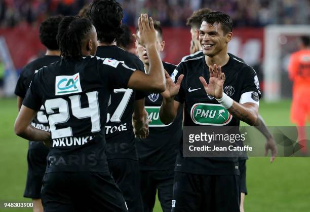 Christopher Nkunku of PSG celebrates his goal with Thiago Silva during the French Cup semi-final between Stade Malherbe de Caen and Paris Saint...