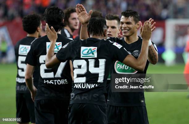 Christopher Nkunku of PSG celebrates his goal with Thiago Silva during the French Cup semi-final between Stade Malherbe de Caen and Paris Saint...