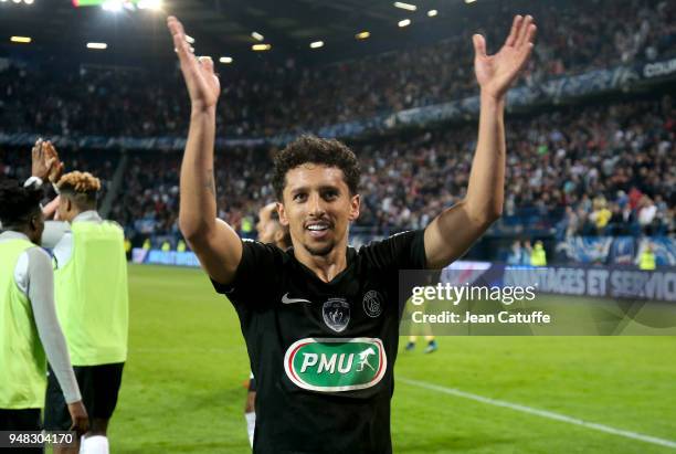 Marquinhos of PSG celebrates the victory following the French Cup semi-final between Stade Malherbe de Caen and Paris Saint Germain at Stade Michel...